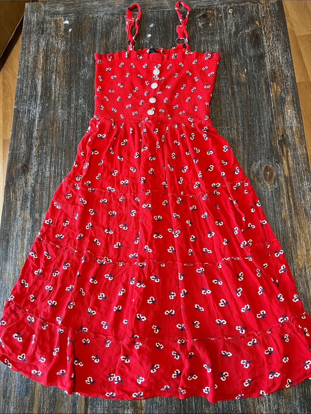 Red Floral Midi Dress with Smocked Bodice